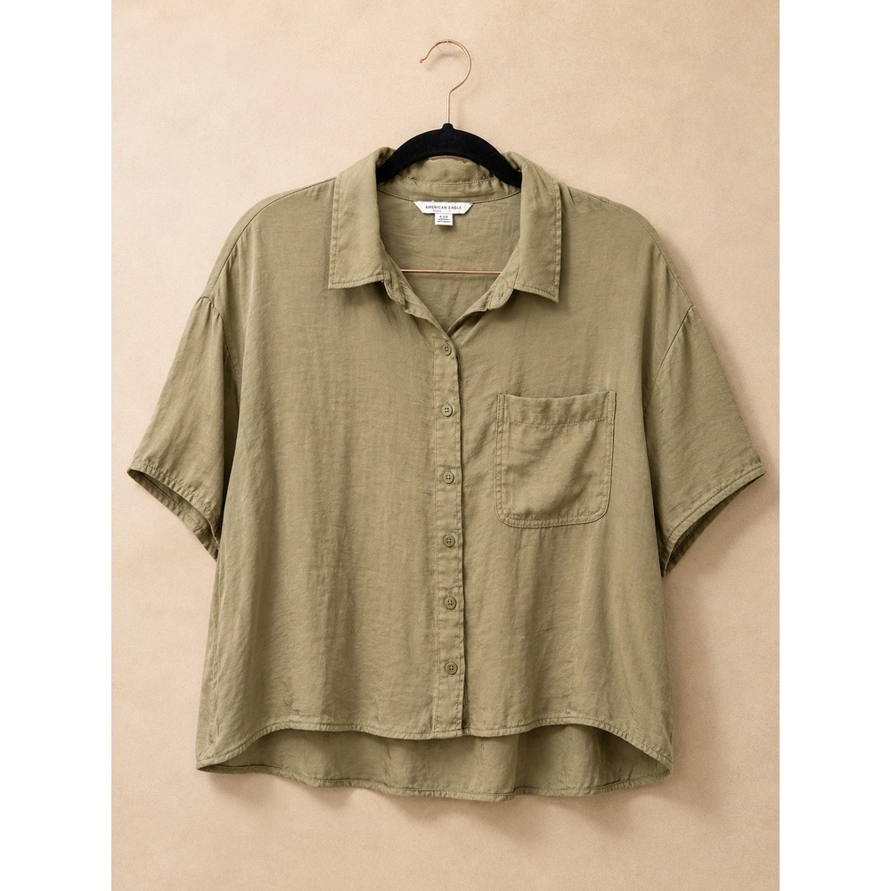 American Eagle Womens Button Down Shirt Small Olive Green Short Sleeve Boxy Fit